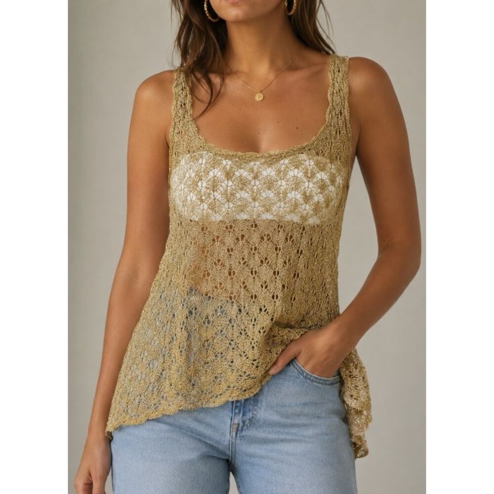 Anthropologie Papier Gold Lace Tank Top Metallic Gold Crochet Lace Boho Layering